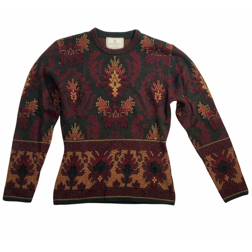 Wool Blend Vintage Express Tricot Crew Neck Sweater Fall Colors Size S